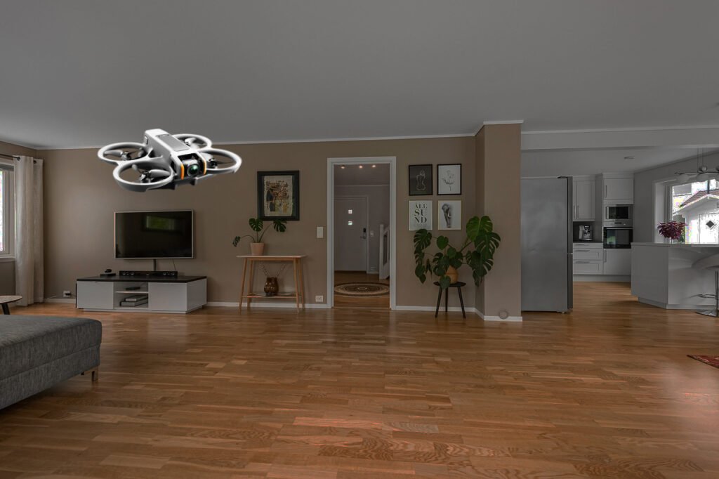 alt="A small drone with camera, flying through a living room"